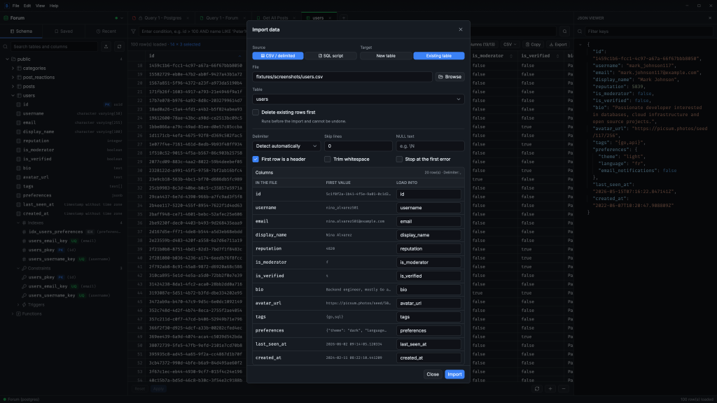 The import dialog with a CSV's columns mapped onto an existing table