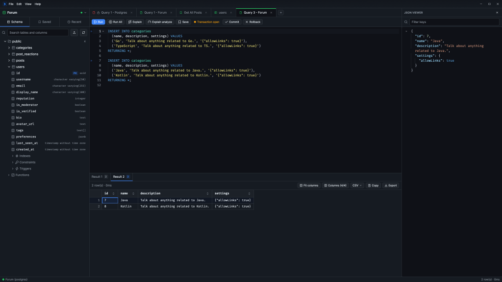 A transaction with two INSERT … RETURNING statements, each with its own result tab