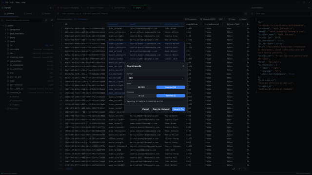 The export dialog for the selected rows and columns