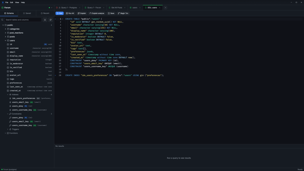A table's DDL in an editor tab beside its indexes and constraints in the schema tree